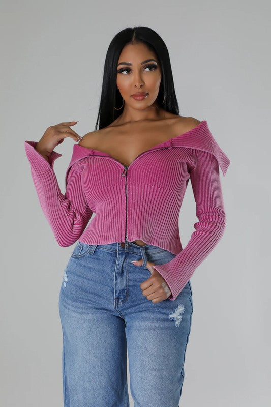 Soft Charm Off-Shoulder Knit  Blush Sweater